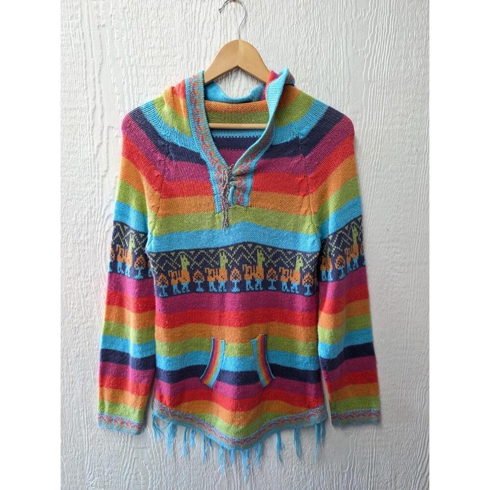 Handmade In Peru Llama Alpaca Wool Rainbow Long Sleeve Hooded Sweater Hippie Sm